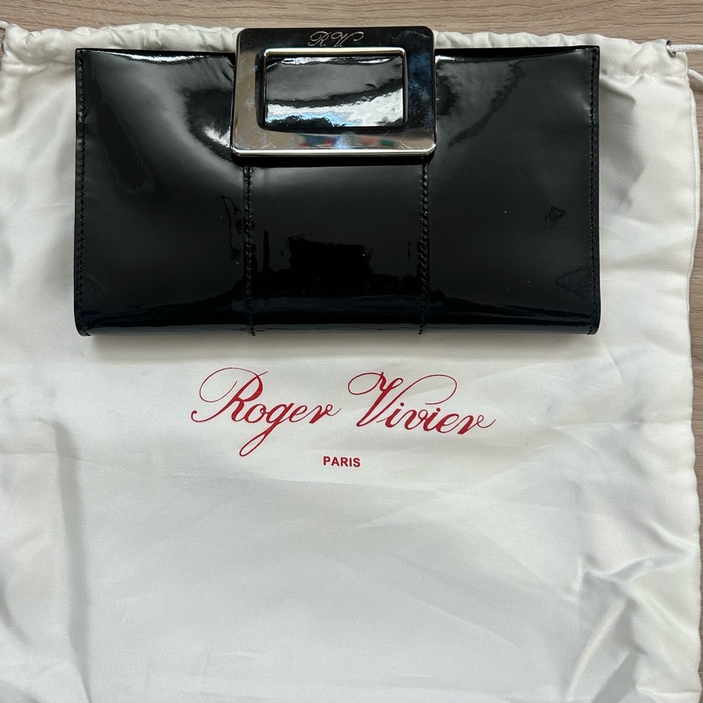 100% Authentic Roger Vivier Black Patent Leather Clutch with Silver Accent